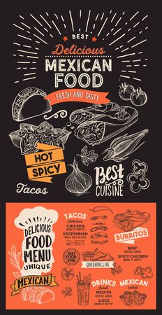 Mexican menu template for restaurant on a blackboard background vector illustration brochure for food and drink cafe. Design layout with lettering and doodle hand-drawn graphic icons.のイラスト素材