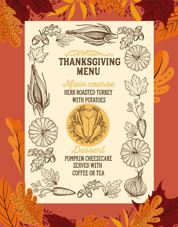 Thanksgiving menu with autumn vegetables vector illustration brochure for dinner celebration. Design food template with vintage lettering and hand-drawn graphic elements, turkey, pumpkin.のイラスト素材