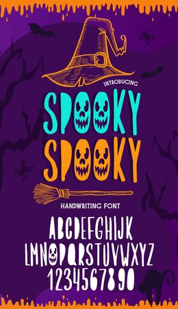 Halloween font. Typography alphabet with colorful spooky and horror illustrations. Type design for holiday party celebration. Design vector banner with hand-drawn lettering.のイラスト素材