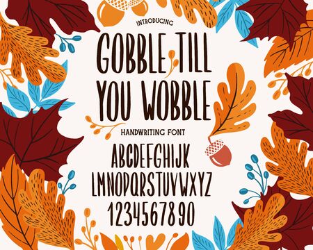 Font thanksgiving day. Typography alphabet with colorful autumn illustrations. Type design for holiday party celebration.のイラスト素材