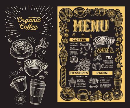 Coffee menu template for restaurant on a blackboard background illustration brochure for food and drink cafe. Design layout with vintage lettering and doodle hand-drawn graphic icons.のイラスト素材