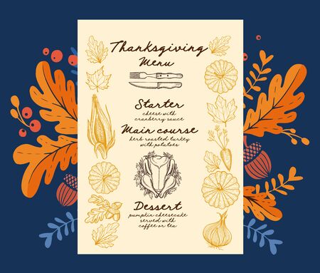 Thanksgiving menu with autumn vegetables illustration brochure for dinner celebration. Design food template with vintage lettering and hand-drawn graphic elements, turkey, pumpkin.のイラスト素材