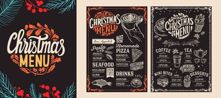 Christmas and New Year food menu template for restaurant on chalkboard background. illustration for holiday celebration. Design background with hand-drawn lettering and festive vintage graphic.のイラスト素材