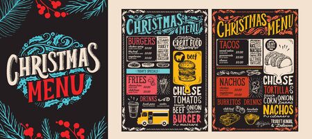 Christmas and New Year food menu template for restaurant on chalkboard background. illustration for...