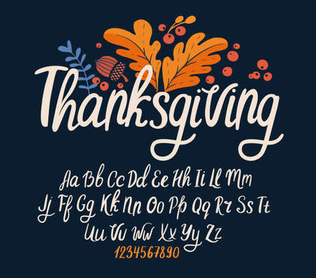 Font thanksgiving day. Typography alphabet with colorful autumn illustrations. Handwritten script for holiday party celebration and crafty design. Vector with hand-drawn lettering.のイラスト素材