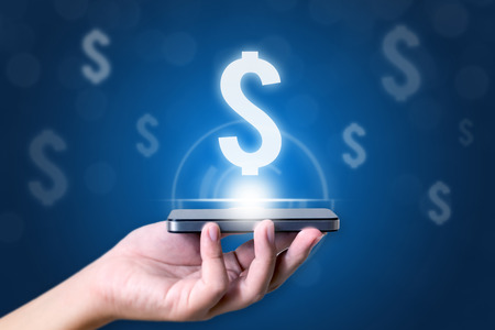 Touch screen smartphone in hand, Concept online business fintech financial technology mobile bankingの写真素材