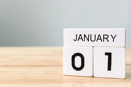 January 1, Calendar wood block on table, New year resolution and goals conceptの写真素材