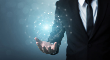 Computer network and internet connection concept, Businessman hand holding network sphereの写真素材