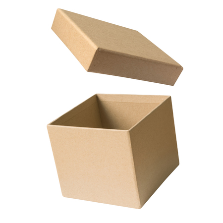 Open carton cardboard paper box brown color isolated on white backgroundの写真素材