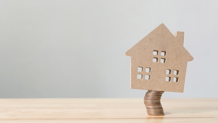 Property investment and house mortgage financial. Risk management concept. Wooden home on coins stackの写真素材