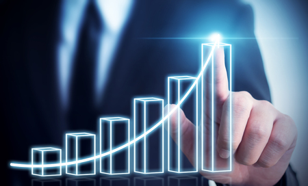 Business development to success and growing annual revenue growth concept, Businessman pointing arrow graph corporate future growth planの写真素材