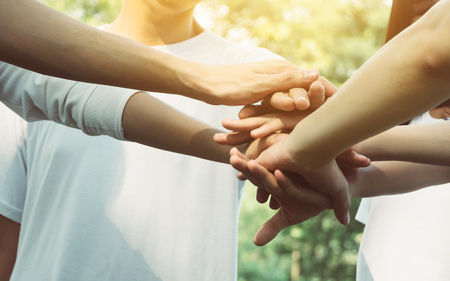 Team teamwork business join hand together concept, Power of volunteer charity work, Stack of people handの写真素材