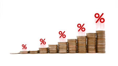 Coin stack step up graph with red colour percent icon isolated on white background, Risk management business financial and managing investment percentage increase interest rates conceptの写真素材
