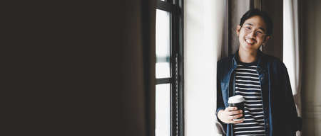 Panoramic image, Portrait asian man business startup. He is young entrepreneur generation y and...