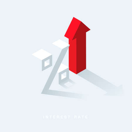 Percentage sign and red arrow symbol isometric. Interest rate financial and mortgage rates concept. Vector illustration 3d dimensionのイラスト素材