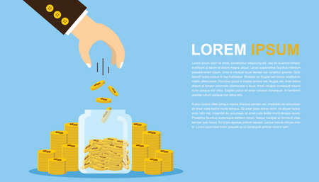 Vector illustration, Businessman hand putting coin in jar with coins stack growth financial, save money and investment conceptのイラスト素材