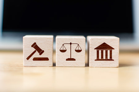 Wooden block cube shape with icon law legal justiceの写真素材