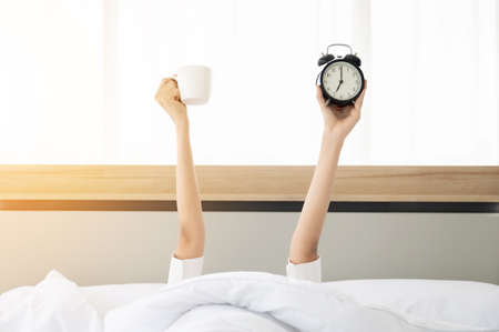 Woman waking up in the morning on bed. She hiding under the blanket and stretching out two arms with a cup of coffee and alarm clockの写真素材