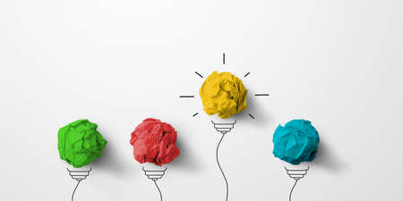 Concept creative idea and innovation. Paper scrap ball yellow colour outstanding different group...