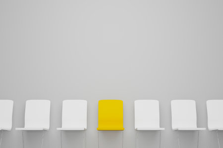 Outstanding chair in row. Yellow chair standing out from the crowd. Human resource management and recruitment business concept. 3d illustrationの写真素材