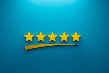 Customer experience and satisfaction concept. Icon five star excellent rating on background. 3d...