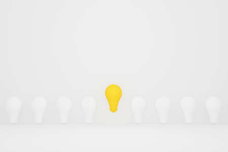Light bulb yellow outstanding among lightbulb white. Concept creative idea and innovation. 3d illustrationの写真素材