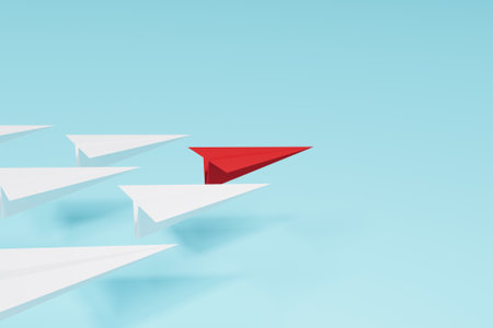 Leadership concept. Red paper airplane leading among white on cyan background. 3d illustrationの写真素材