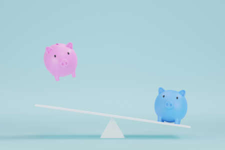 Save money and investment concept. Piggy bank pink and blue on seesaw scale. 3d illustrationの写真素材