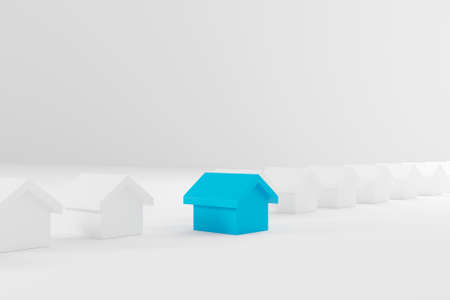 Miniature blue house in among white houses for real estate property industry. 3d illustrationの写真素材