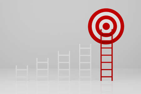 Stand out from the crowd and think different creative idea concepts. Longest red color ladder growing up growth to aiming high to goal target. 3d illustrationの写真素材