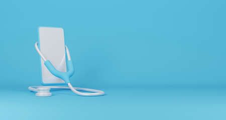 Healthy technology innovation online healthcare. Health care insurance and medical concept. Doctor stethoscope and mobile smart phone on blue background. 3d illustrationの写真素材
