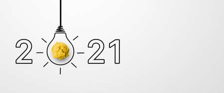 Creative thinking ideas and innovation concept. Paper scrap ball with light bulb symbol and year...