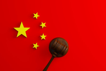 Top view of judge gavel flag of China. Chinese court conceptual. 3D illustrationの写真素材