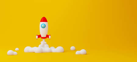Creative thinking ideas and innovation concept. Rocket flying on yellow background. 3d render...