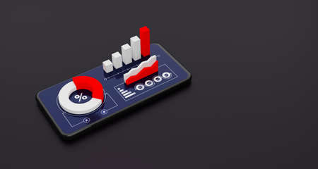 Data information technology on mobile. Smartphone with graph on screen. 3d render illustration