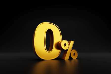 Gold zero percent or 0% special offer on black background. 3d render illustrationの写真素材