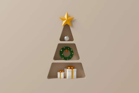 Merry christmas and happy new year concept. Background shelf christmas tree shape with gift box and decorate element on luxury gold background. 3d renderingの写真素材