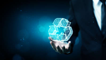 Reuse, reduce, recycle concept. Hand holding icon 3d recycle wireframeの写真素材