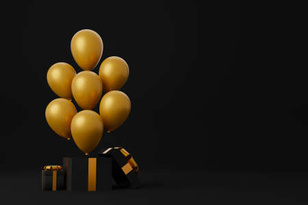 Black gift box with gold ribbon and balloon on black background. Minimal design. Black friday shopping festival. 3d renderingの写真素材