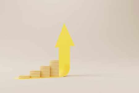 Coins stack growthing meaning increase money value with arrow sign. Save money and investment concept. 3d rendering illustrationの写真素材
