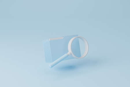 File folder and magnifying glass on light blue background. Searching information data on internet...