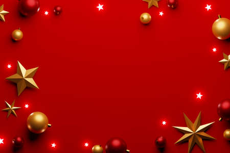 Christmas ball bauble decoration and star on red background with center copy space. 3d rendering illustrationの写真素材