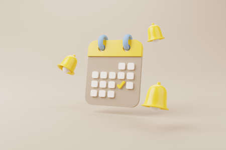 Yellow notification bell ringing and calendar deadline on brown background. 3d rendering...
