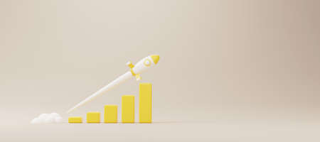 Growthing graph bar with rocket rising moving up. Start up business development to success and growing growth concept. 3d rendering illustrationの写真素材