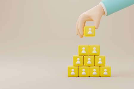 Human resources management and recruitment business build team concept, Hand putting cube block on top, Copy space. 3d renderingの写真素材