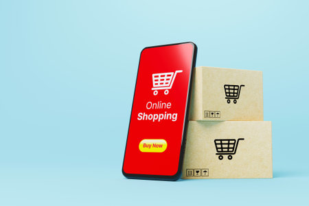 Online shopping concept. Web or mobile application ecommerce. Smartphone and paper box on blue background. 3d renderingの写真素材