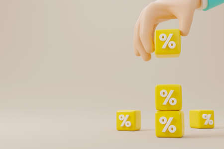 Interest rate financial and mortgage rates concept. Hand putting cube block increasing on top with icon percentage symbol upward direction. 3d renderingの写真素材