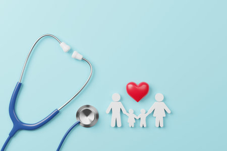 Top view of medical stethoscope and icon family with heart symbol on cyan background. Health care insurance concept. 3d renderingの写真素材