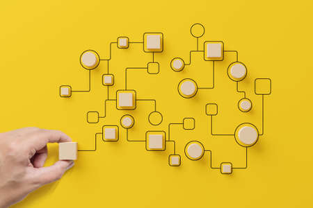 Business process and workflow automation with flowchart. Hand holding wooden cube block arranging processing management on yellow backgroundの写真素材