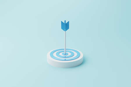 Dartboard and arrow on cyan background. Minimal design. 3d rendering illustrationの写真素材